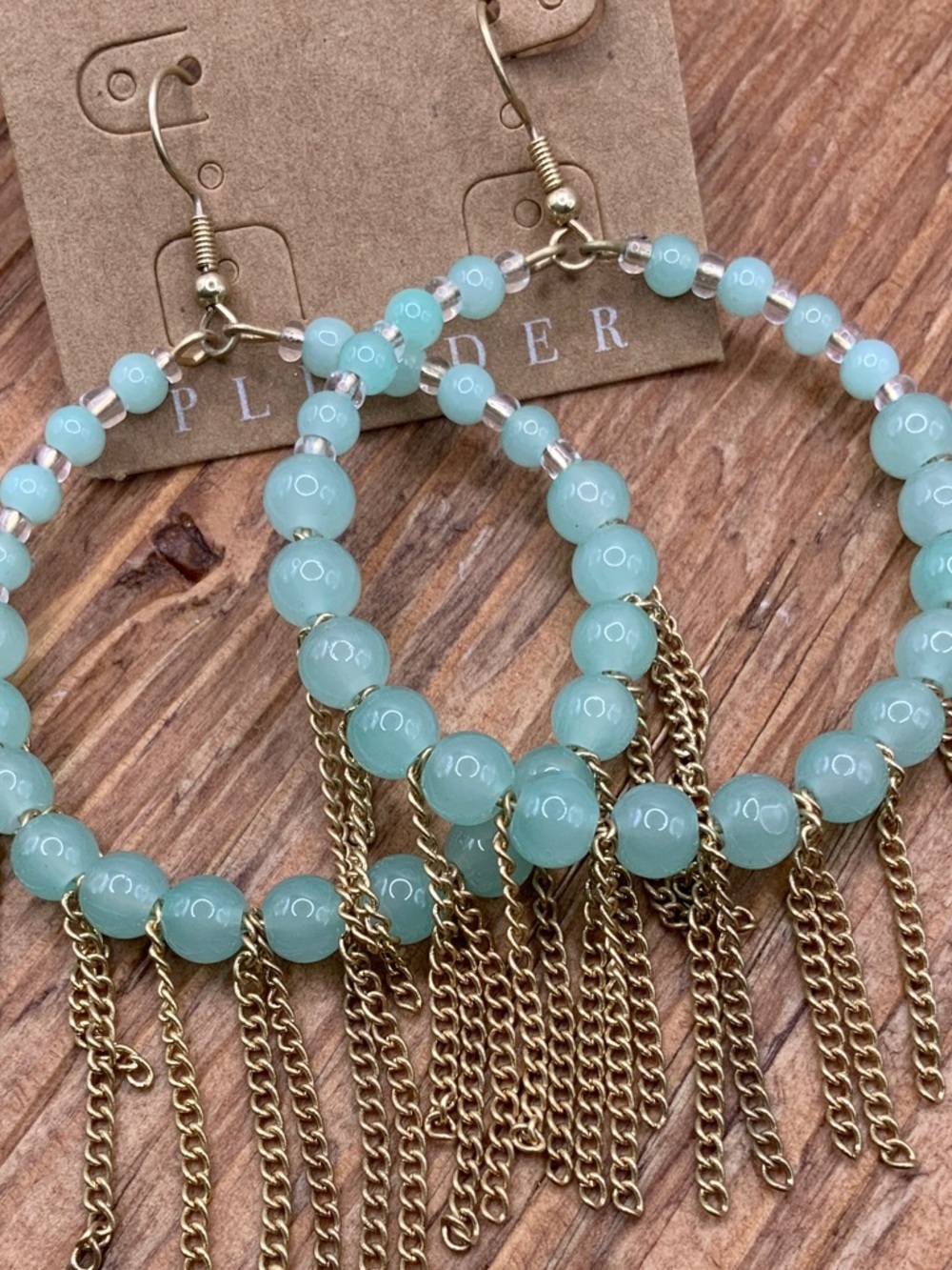 Plunder Design "Amy" Mint Green Beaded Gold Tone Chain Fringe Dangling Earrings